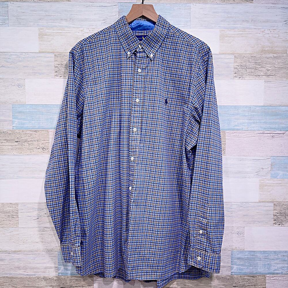 Ralph Lauren Cotton Stretch Long Sleeve Shirt Blue Brown Plaid Poplin Mens XL